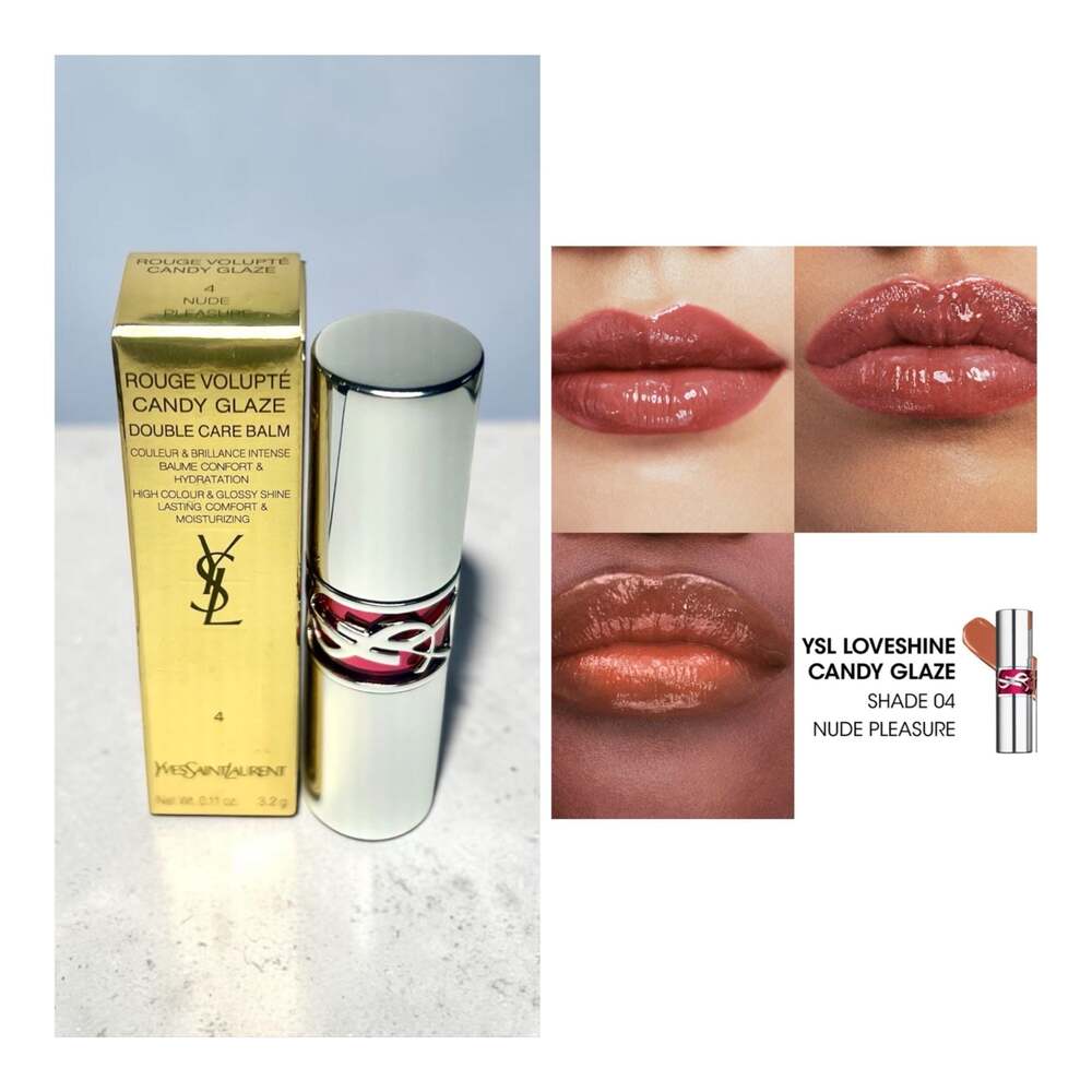 YSL Rouge Volupte Candy Glaze Double Care Balm in 04 Nude Pleasure